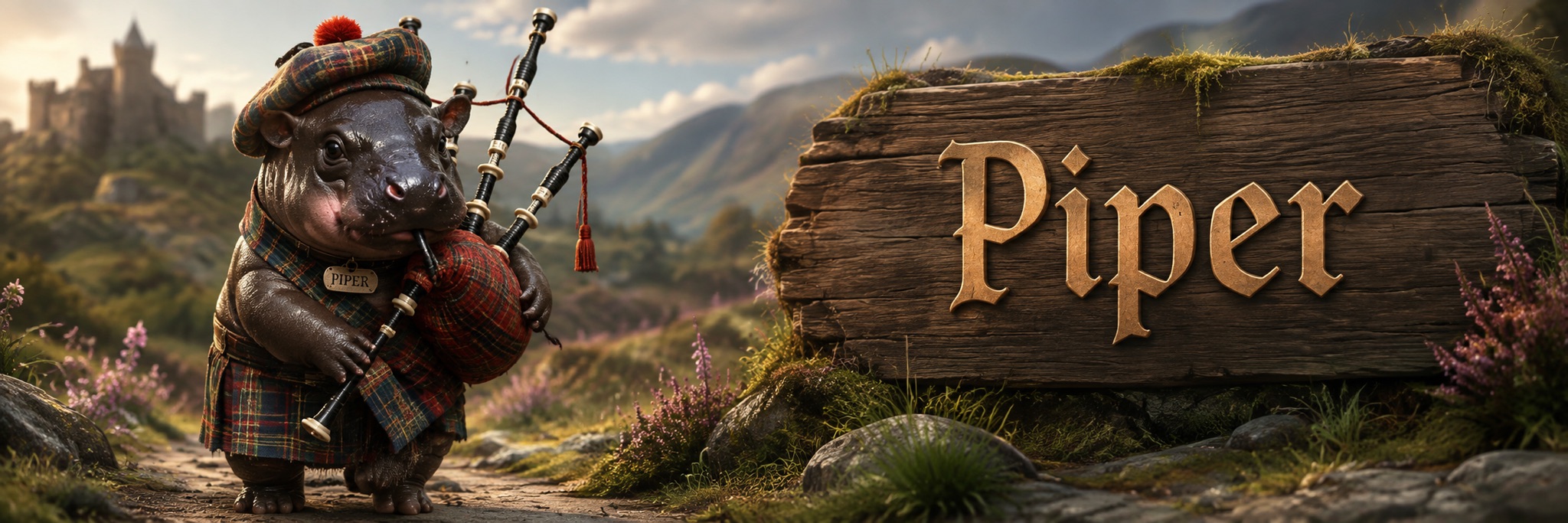 Piper the pygmy hippo in traditional Scottish tartan dress beside a wooden Piper sign in the Highlands