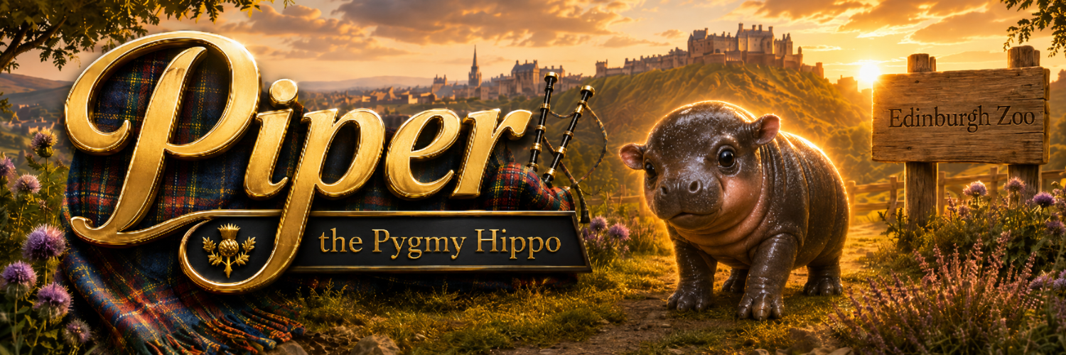 Piper the Pygmy Hippo, a baby hippo beside bagpipes and Edinburgh Castle at sunset