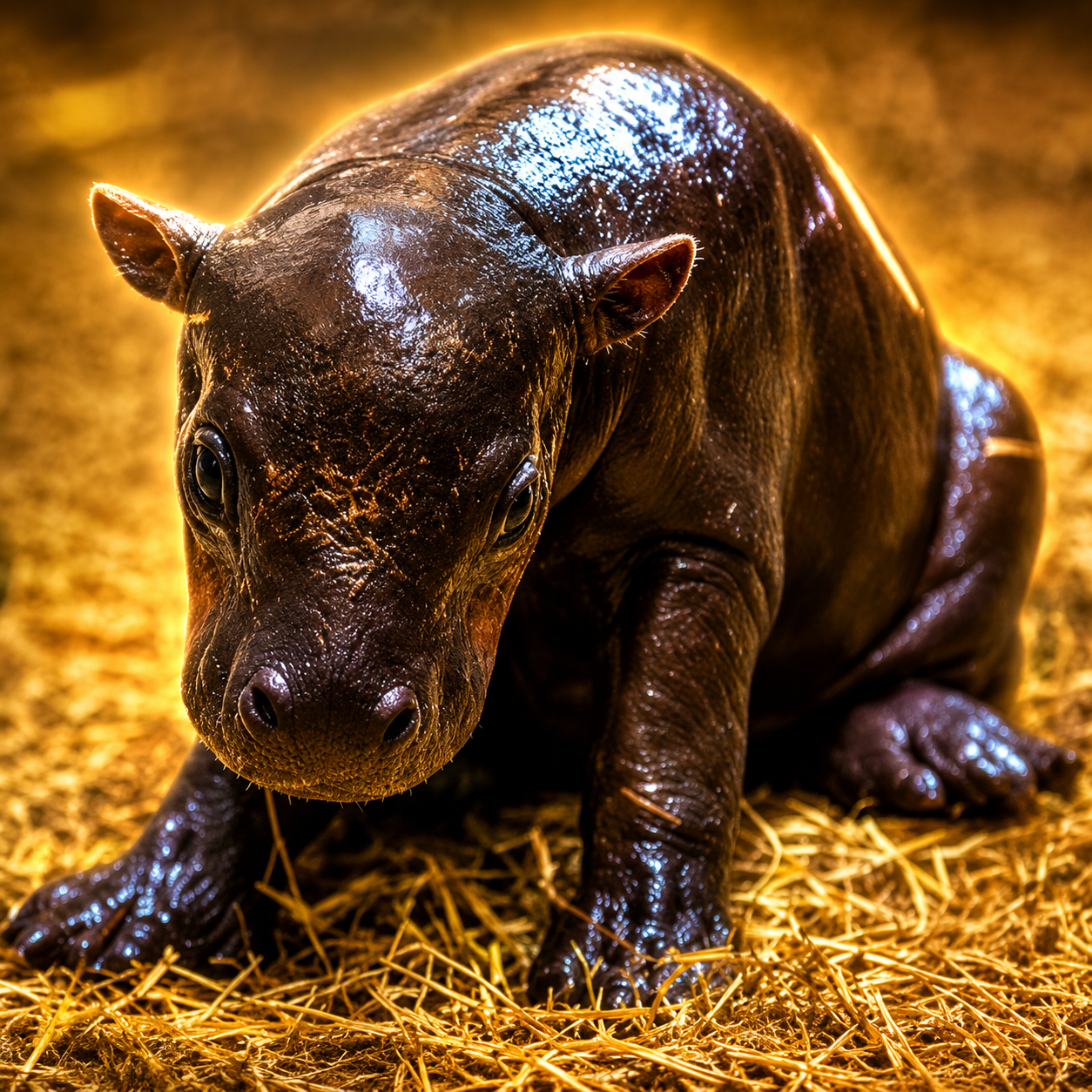 Piper the baby pygmy hippo glowing in golden light